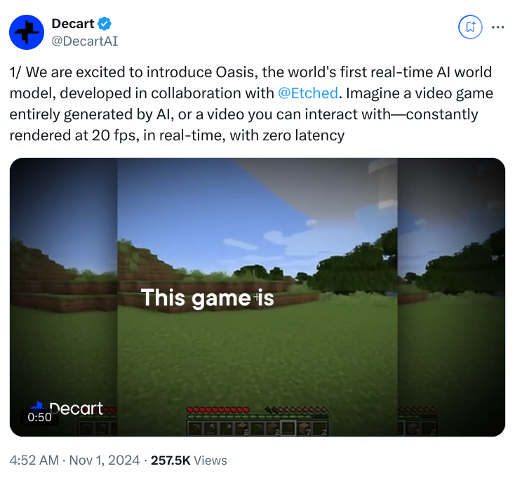 DecartAI introduces Oasis Minecraft in Twitter